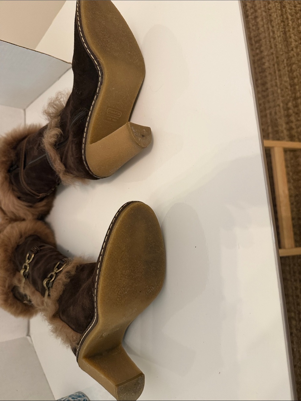 Coach Jessica Brown Suede Fur-Trim Knee Boots with Brass Hardware - Picture 4 of 5
